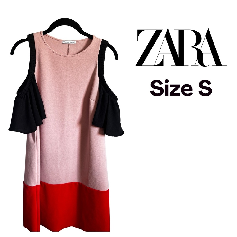 ZARA Women's Cold Shoulder Dress Size S Pink Red/Coral Black Ruffle Sleeves EUC